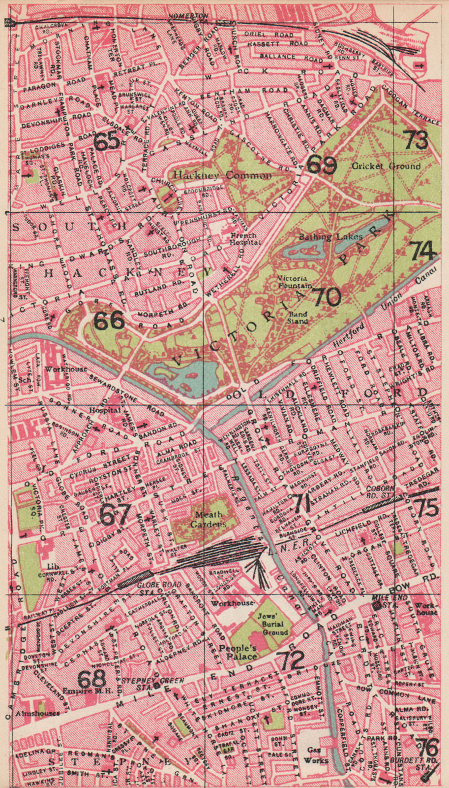 LONDON E.Old Ford Stepney South Hackney Victoria Park Homerton Mile End 1935 map